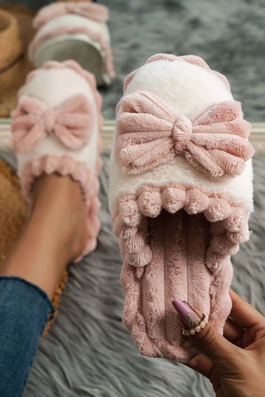 Bow Block Plush Slippers