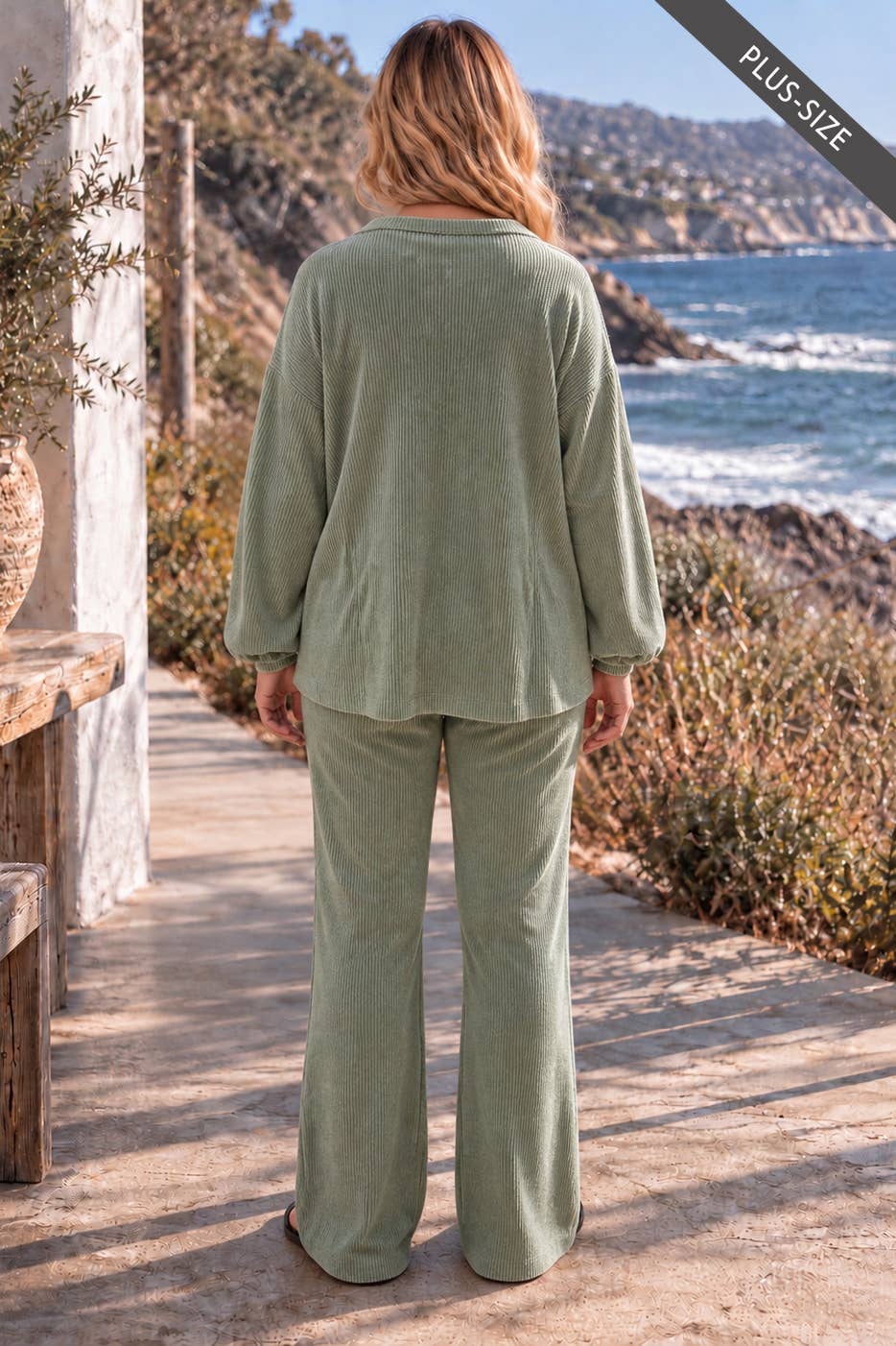 PLUS SIZE 2-Piece V-Neck Pants Set in SAGE GROVE