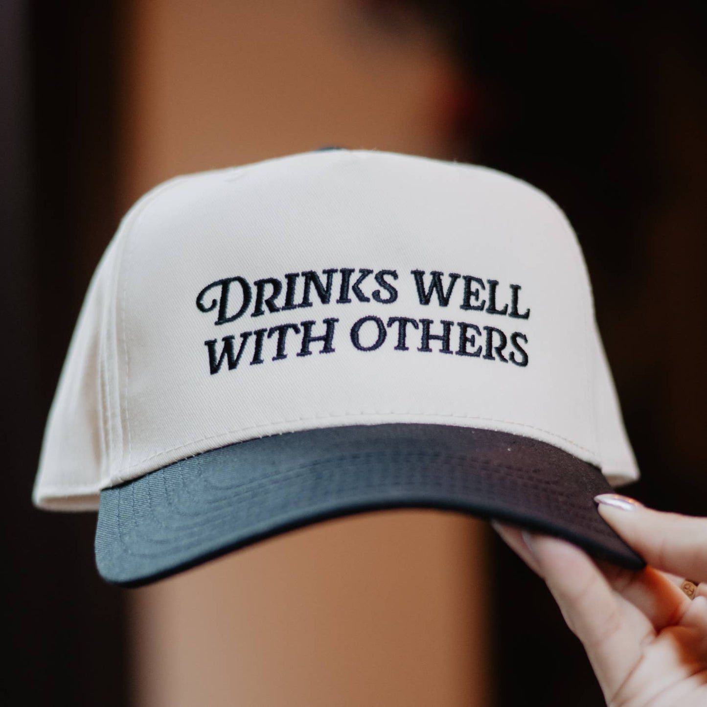 Drinks Well With Others Vintage Trucker Hats For Women: Black and Tan