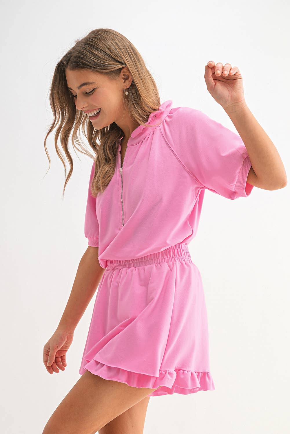 Pink Zip Front Puff Sleeve Top & Ruffled Shorts Set | S-XL