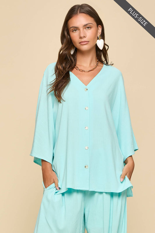 PLUS SIZE 2-Piece Linen Summer Set: BLUE