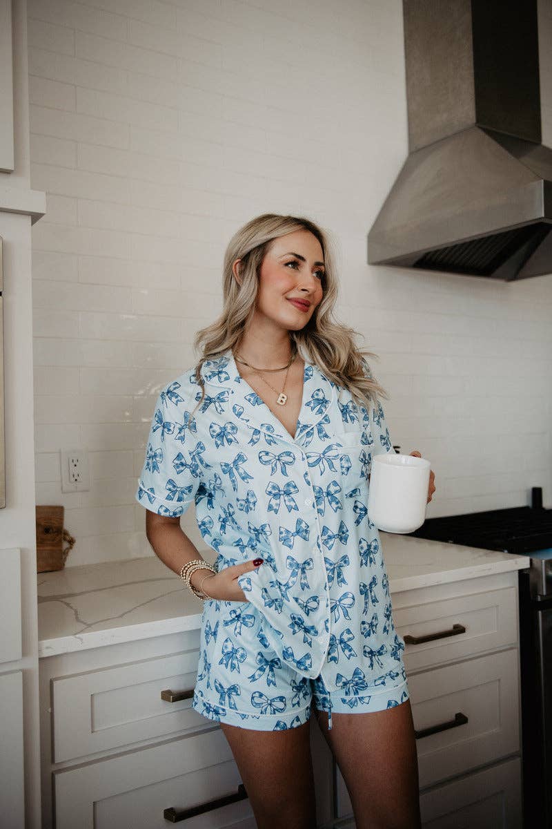 Toile Print Coquette Bows Cute Pajamas: Light Blue / L