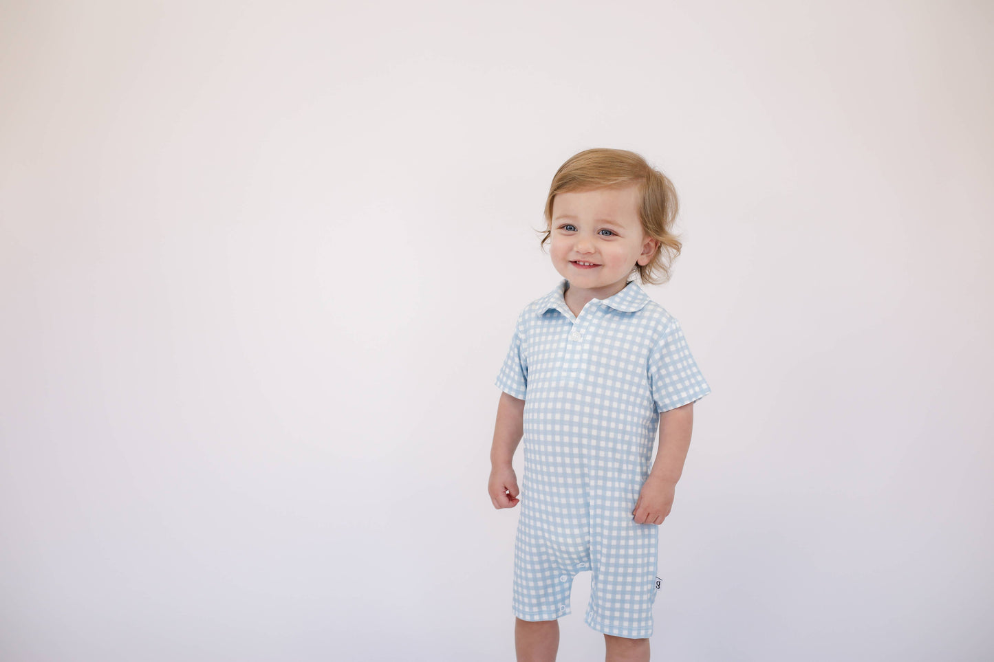 Baby Blue Gingham- Short Sleeve Polo Romper: 0-3 mo
