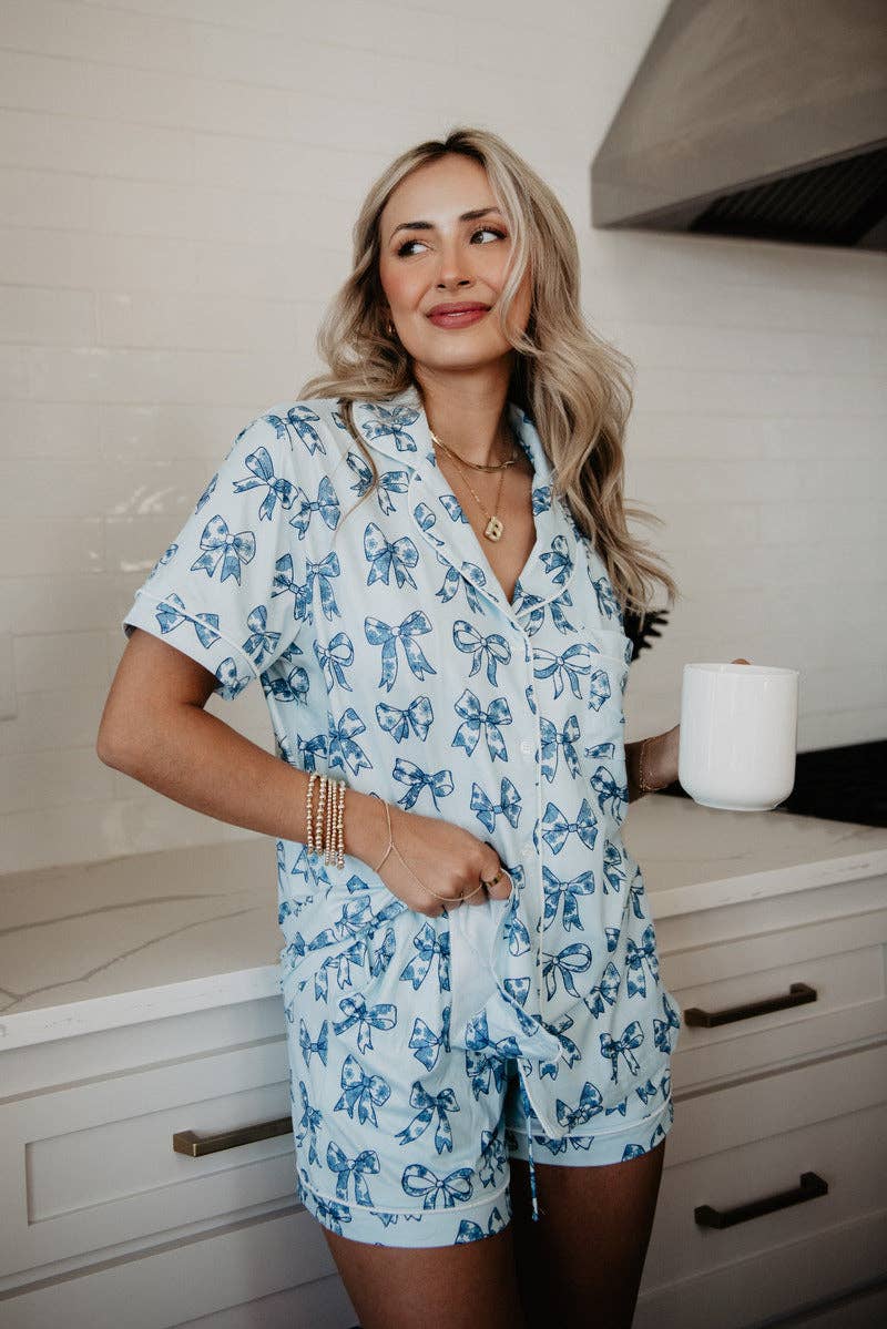 Toile Print Coquette Bows Cute Pajamas: Light Blue / L