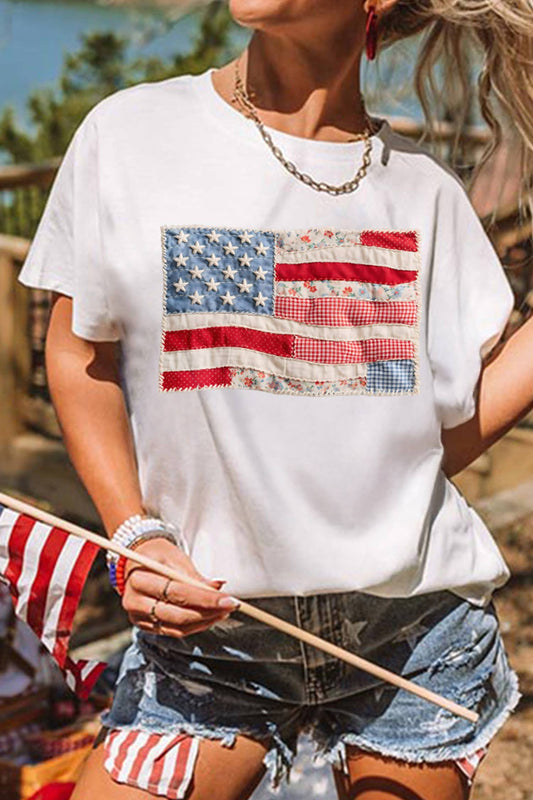 LDC 4th of July Faux Patchwork Printed US Flag Casual Tee: White / 3XL