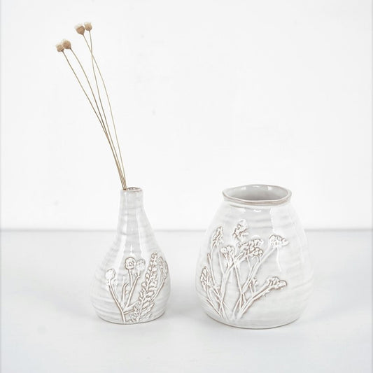 4" Ceramic Vase with Debossed Flowers, White