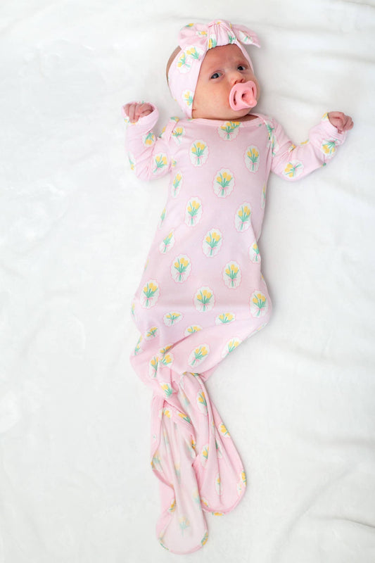 Fancy Tulips (Cottage Pink) Knotted Infant Gown: 0-3 mo