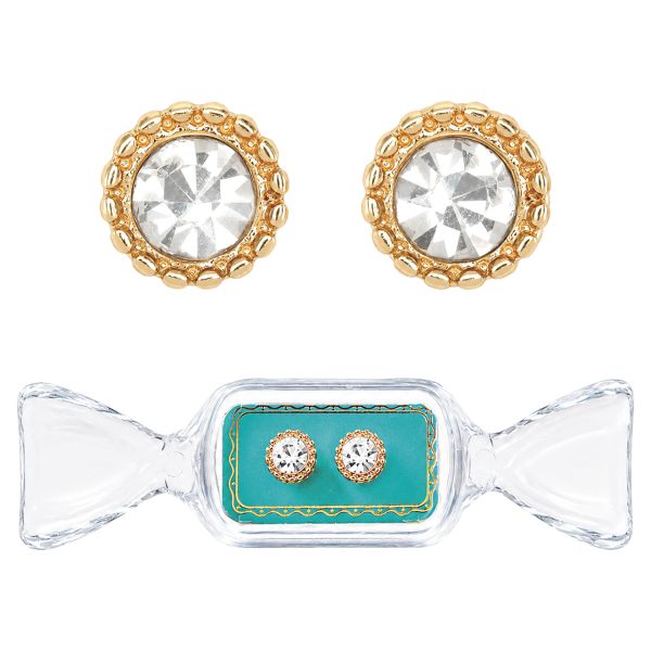 Candy Dish Earrings Rhinestones Round Studs- Aqua