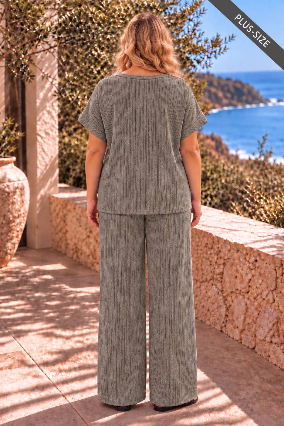 PLUS SIZE Textured V-Neck & Wide-Leg Pant Set