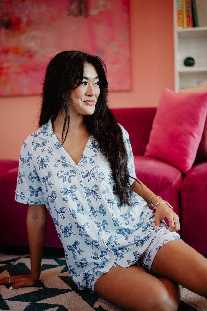 Toile Print Coquette Bows Cute Pajamas: Light Blue / XL