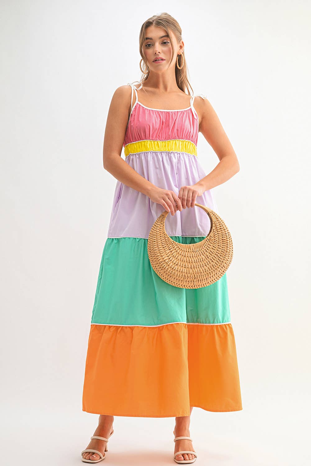 Colorblock Tie Straps Tiered Maxi Dress with Pockets | S-XL