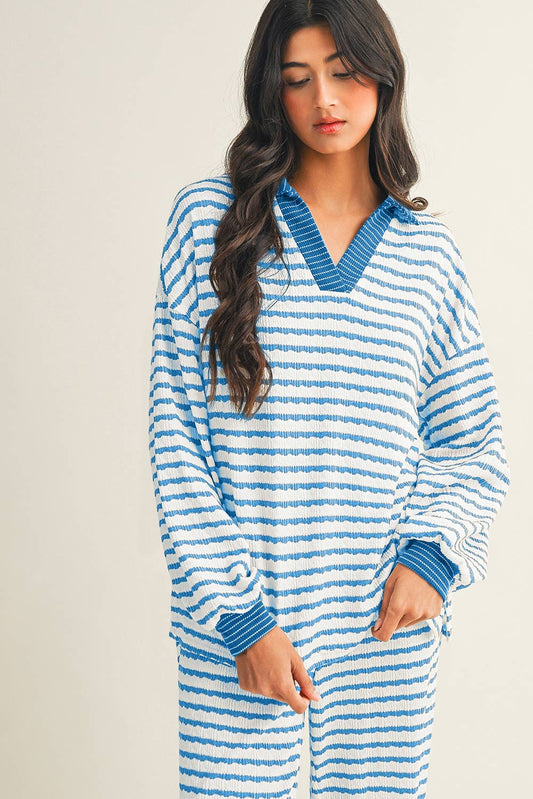 Stripe Collared Pullover Top and Drawstring Pant Set: Sky Blue