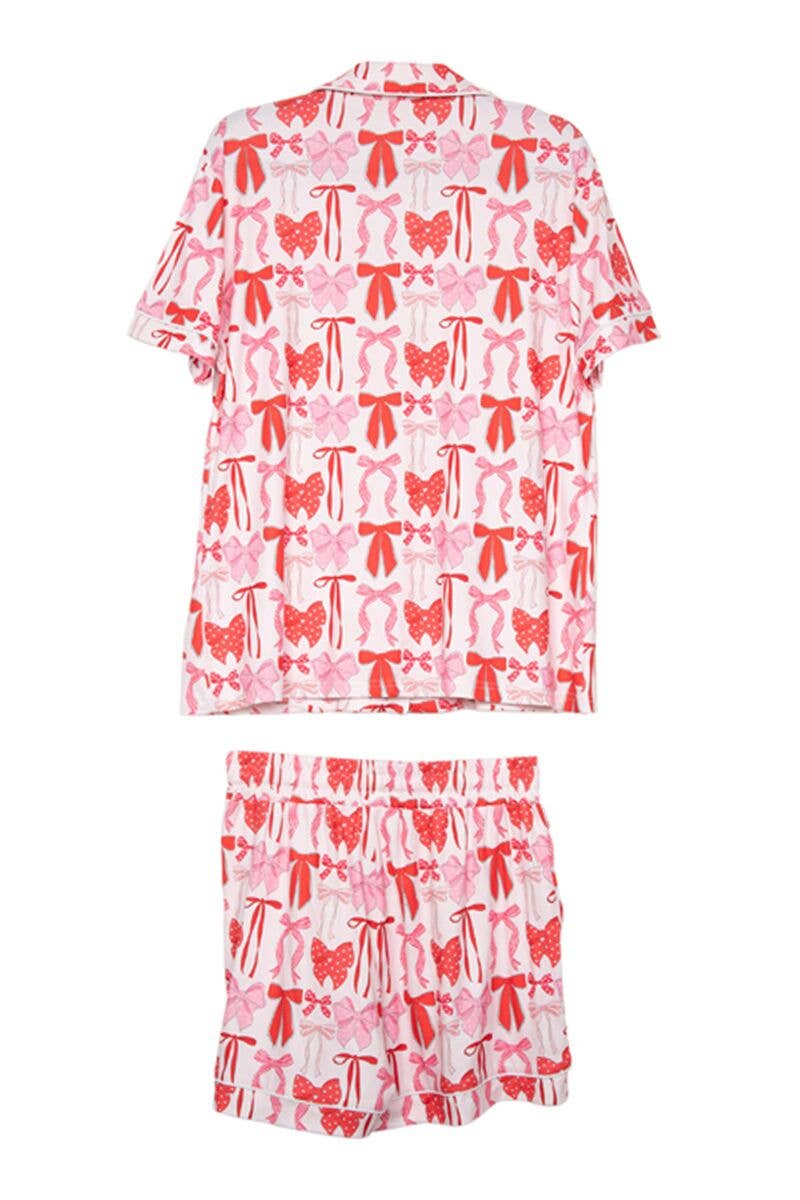 Pink & Red Coquette Bows Christmas PJ Short Set: White / S