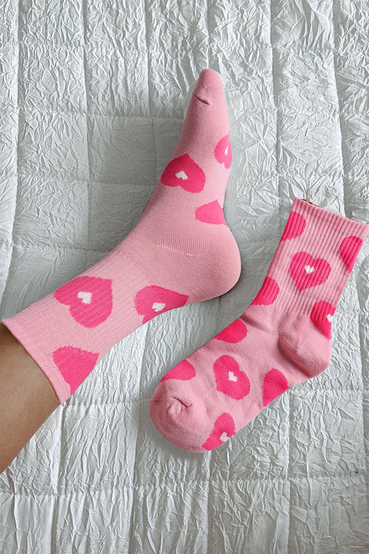 Heart Print Valentine Vibe Ribbed Trim Soft Crew Socks