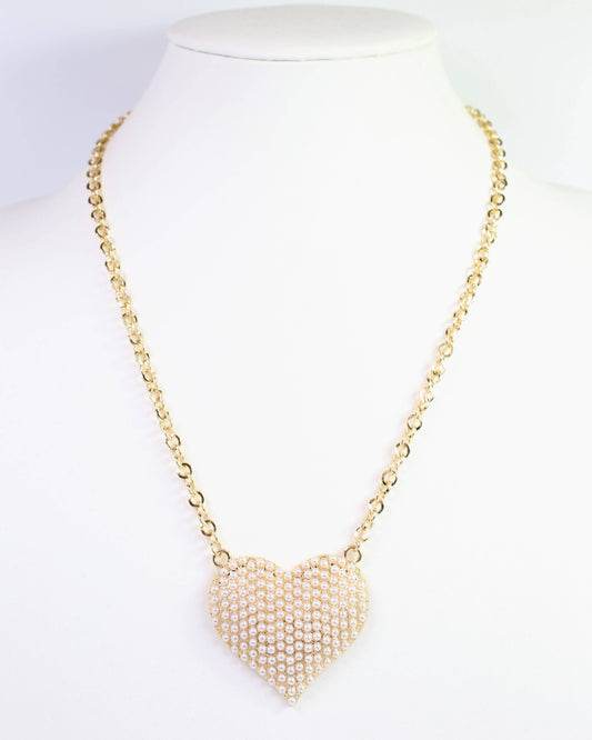 Cocos Pearl Pave Heart Necklace Gold