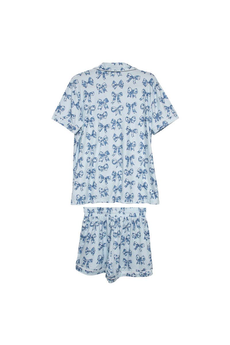 Toile Print Coquette Bows Cute Pajamas: Light Blue / L
