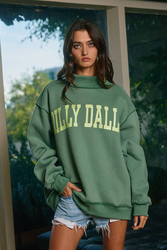 'DILLY DALLY' Mockneck Sweatshirt Green/Neon lime