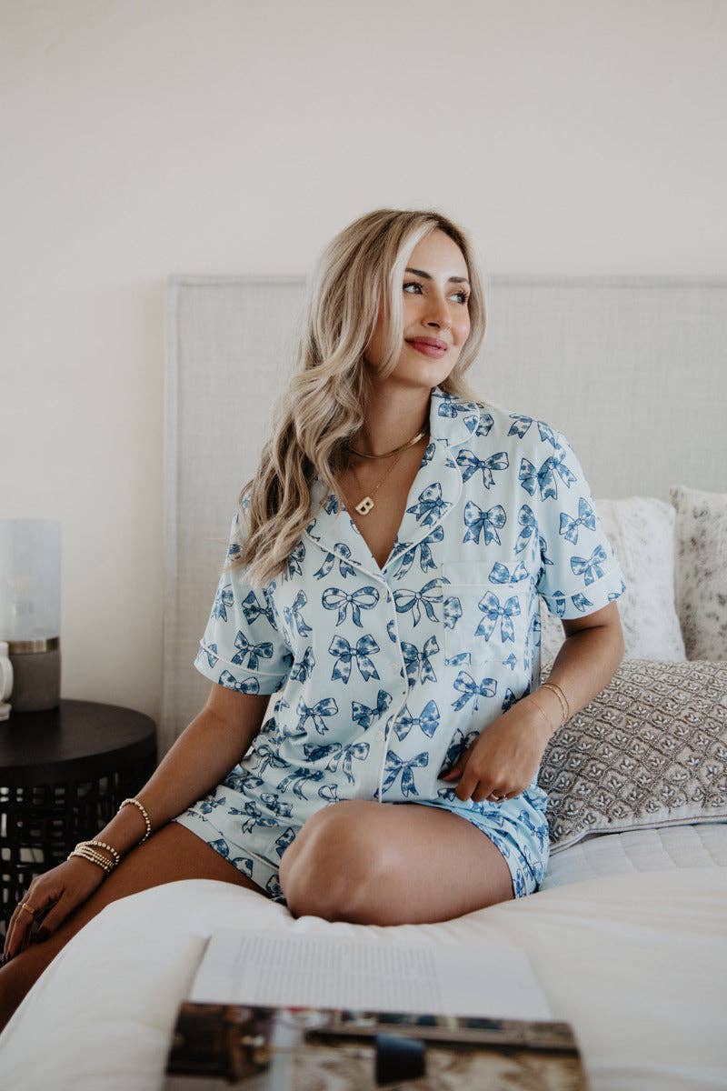 Toile Print Coquette Bows Cute Pajamas: Light Blue / L