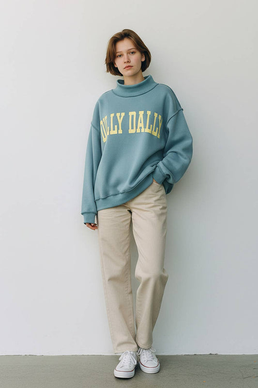 'DILLY DALLY' Mockneck Sweatshirt: Mint blue/Yellow