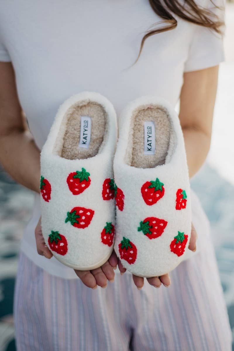 Strawberry Fuzzy Slippers for Women: White / S/M