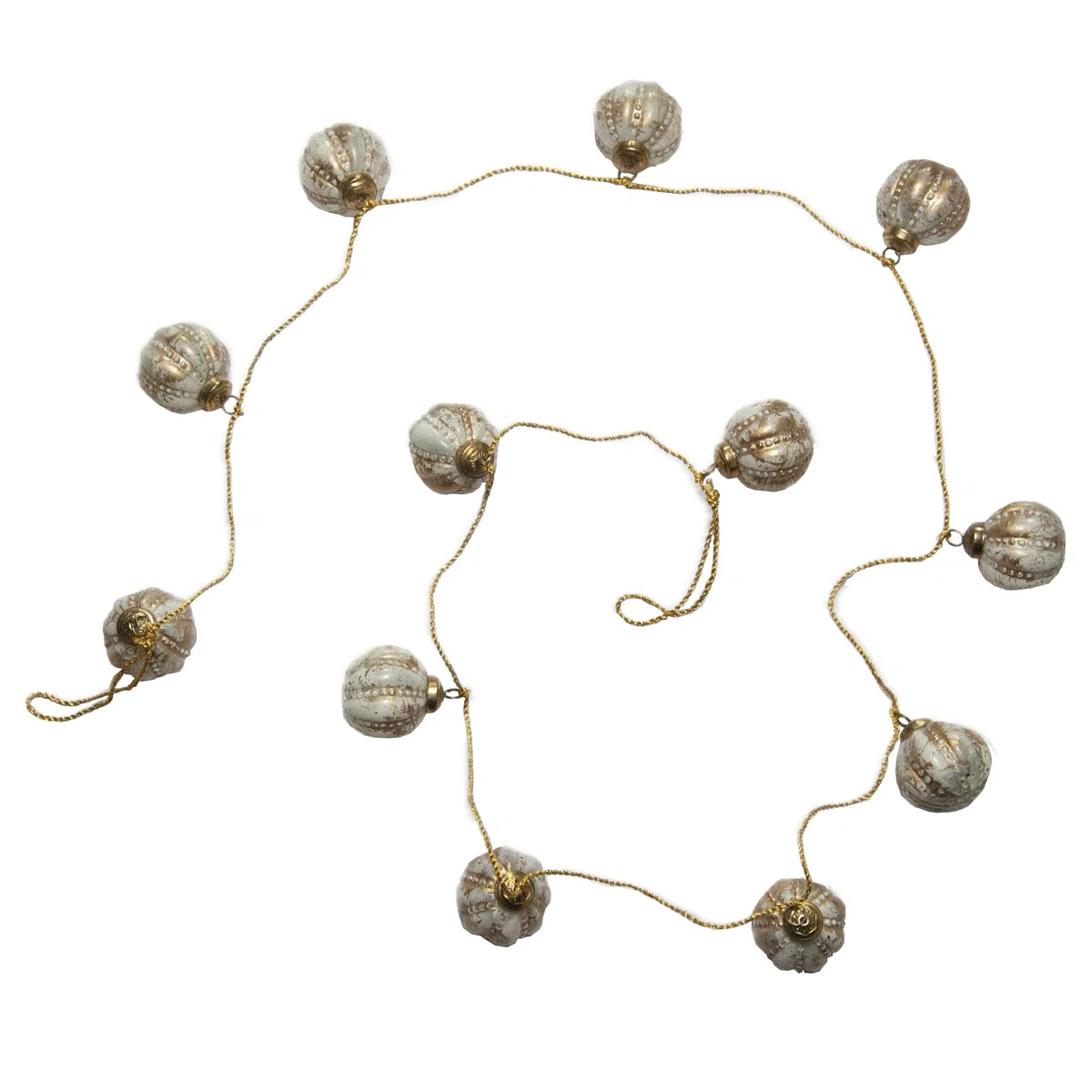 Embossed Recycled Glass Ball Ornament Garland, Gold and White