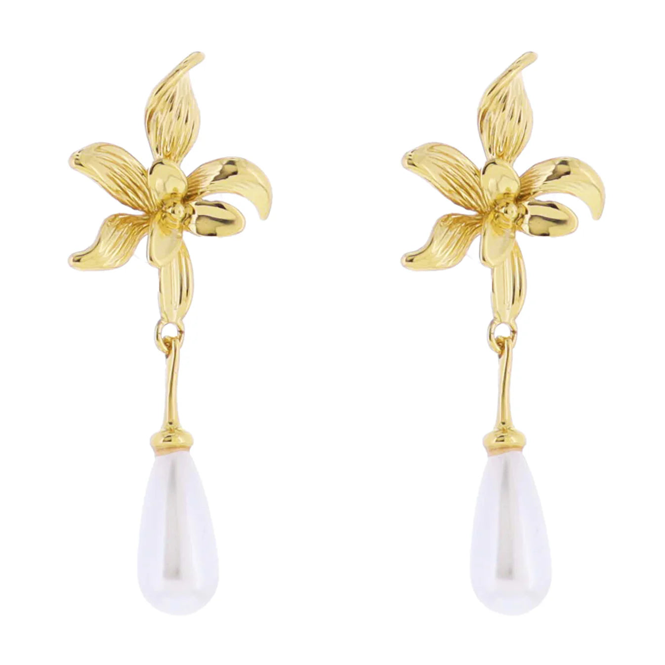 Gold Flower Post with Pearl Teardrop Earring