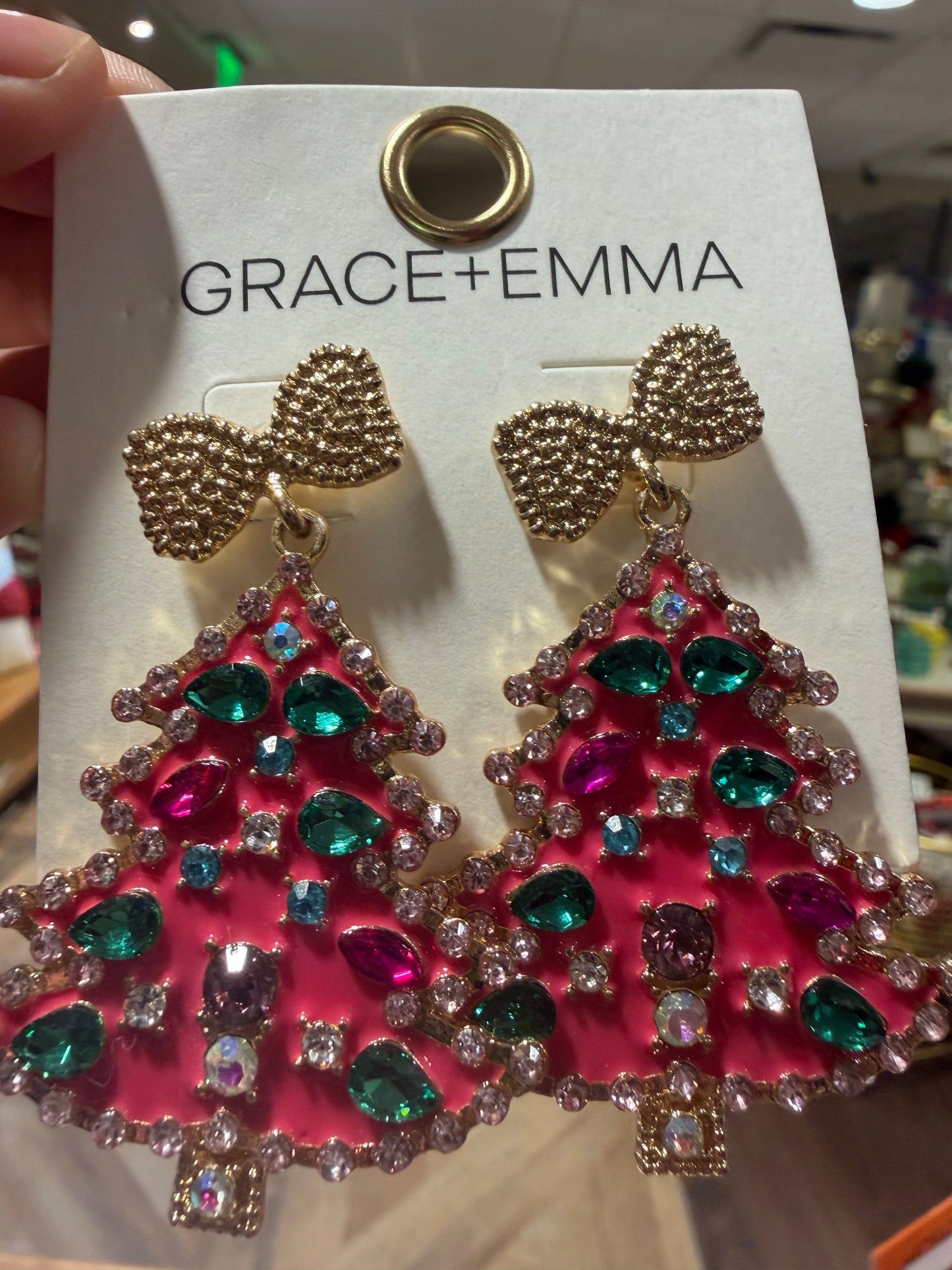 Pink Christmas Tree with Colorful Stones Earrings
