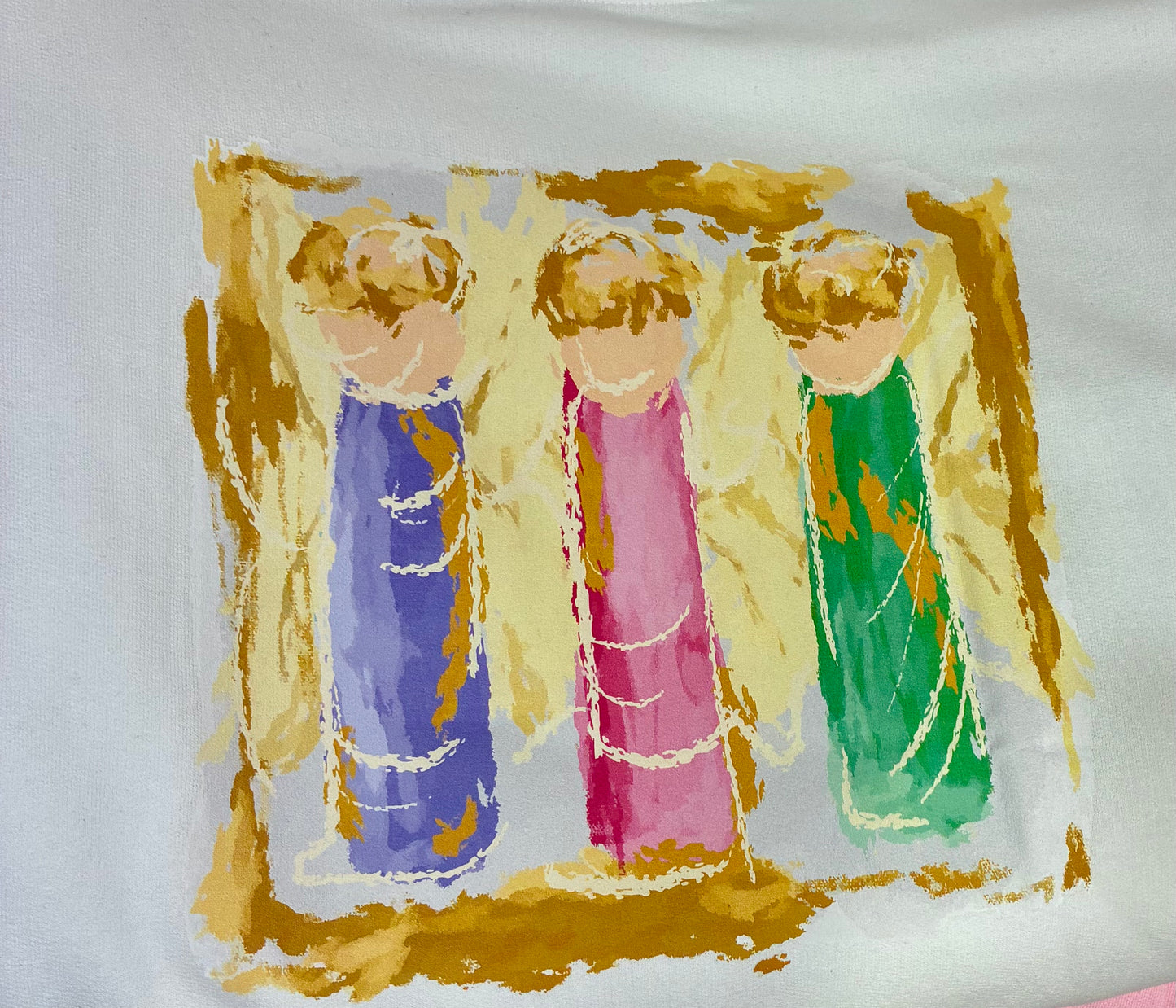 EMMALEE'S THREE GOLD ANGELS ON WHITE SWEATSHIRT