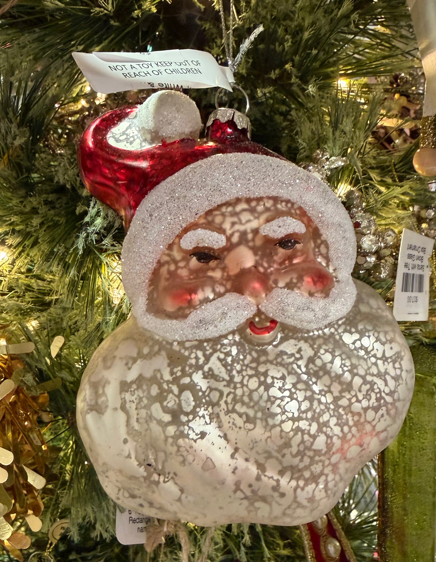 Mercury Glass Santa Ornament, White & Red