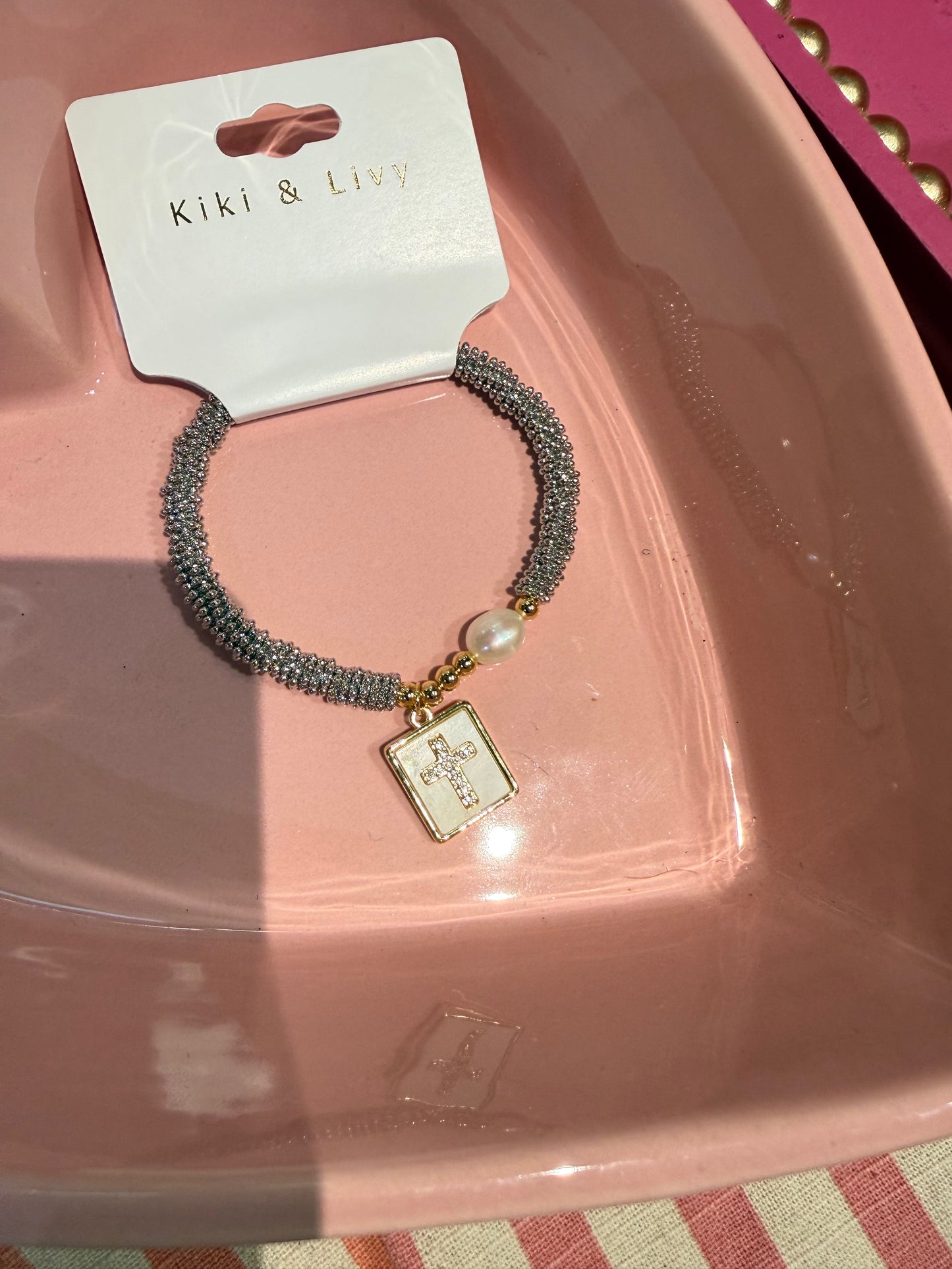 Silver Cross Bracelet with Pearl