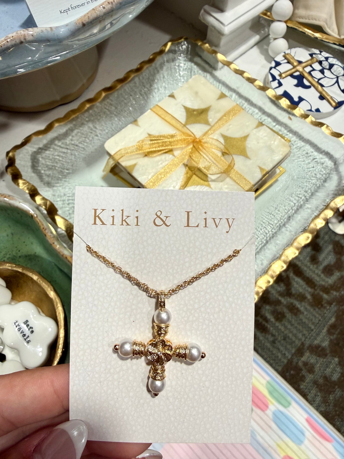 Pearl Tip JV Cross Necklace