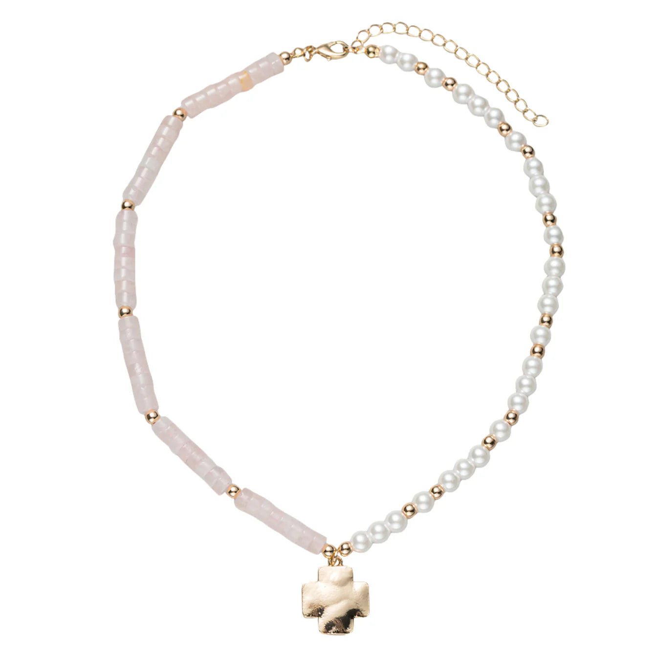 Pink, Gold, Pearl Rose Quartz Beaded Necklace with Gold Cross