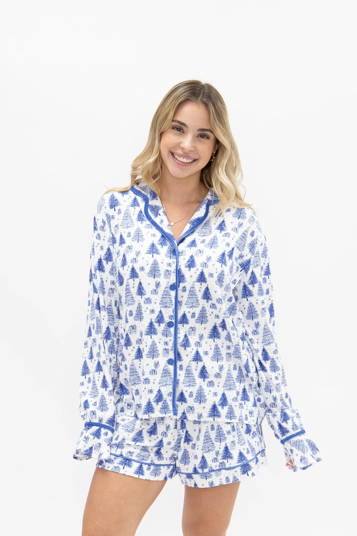 Adult PJ Blue Trees Set with Tie
