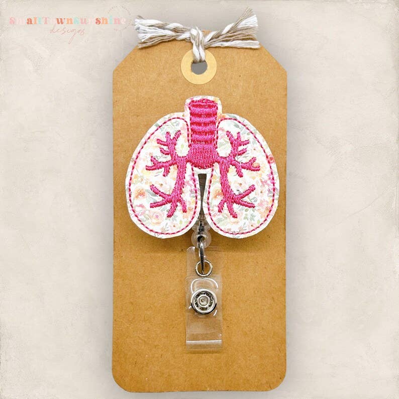 Bright Pink Floral Lungs Badge Reel - vegan leather: Black / Swivel