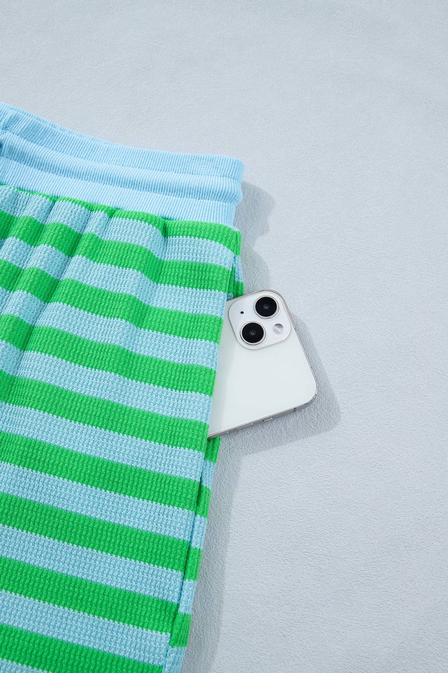 LDC Stripe Spring Puff Sleeve Shirt Matching Shorts Set (Green Stripe)