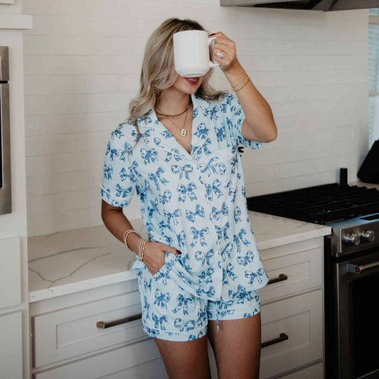 Toile Print Coquette Bows Cute Pajamas: Light Blue / XL