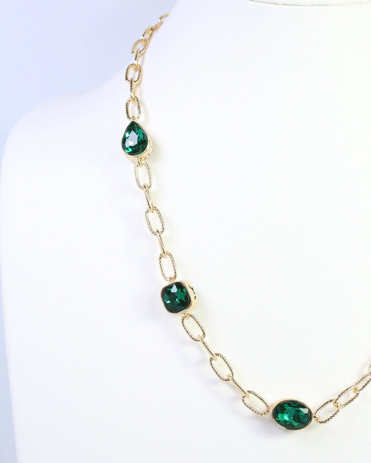 Elena Hammered Crystal Link Necklace Emerald
