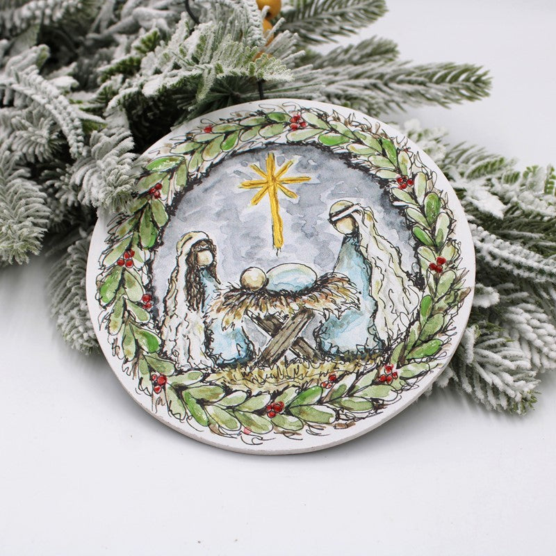 Hand Embellished Wood Ornament Nativity Bead Hanger