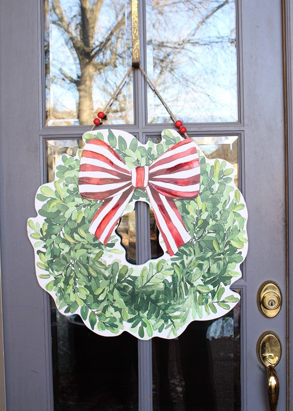 Cutout MDF Wreath Door Decor Red Stripe Bow 24"