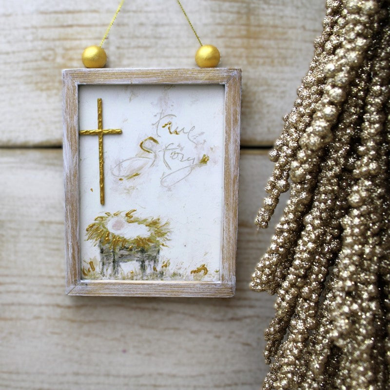4x6 Framed Wood Ornament, True Story Manger & Cross