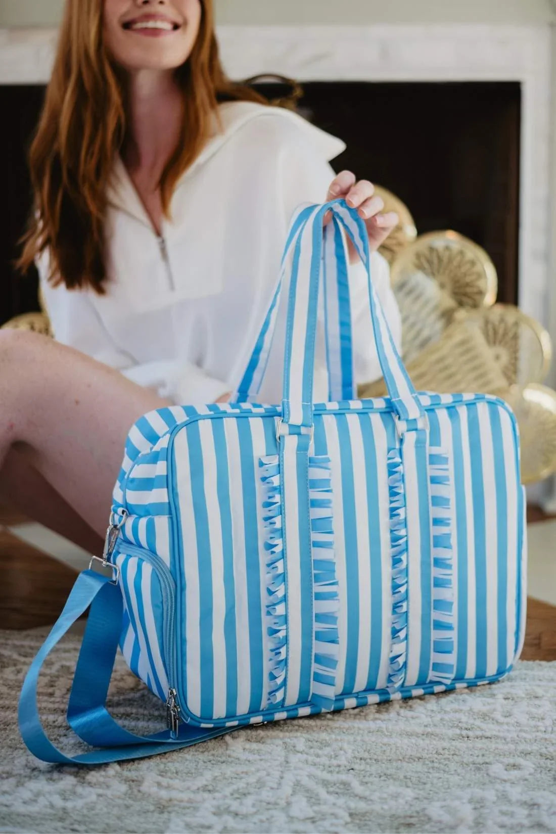 Blue Stripe Ruffle Weekender
