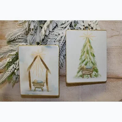 4.5x5.5 Metal Ornament, Glittered Manger and Tree, 2 assorted
