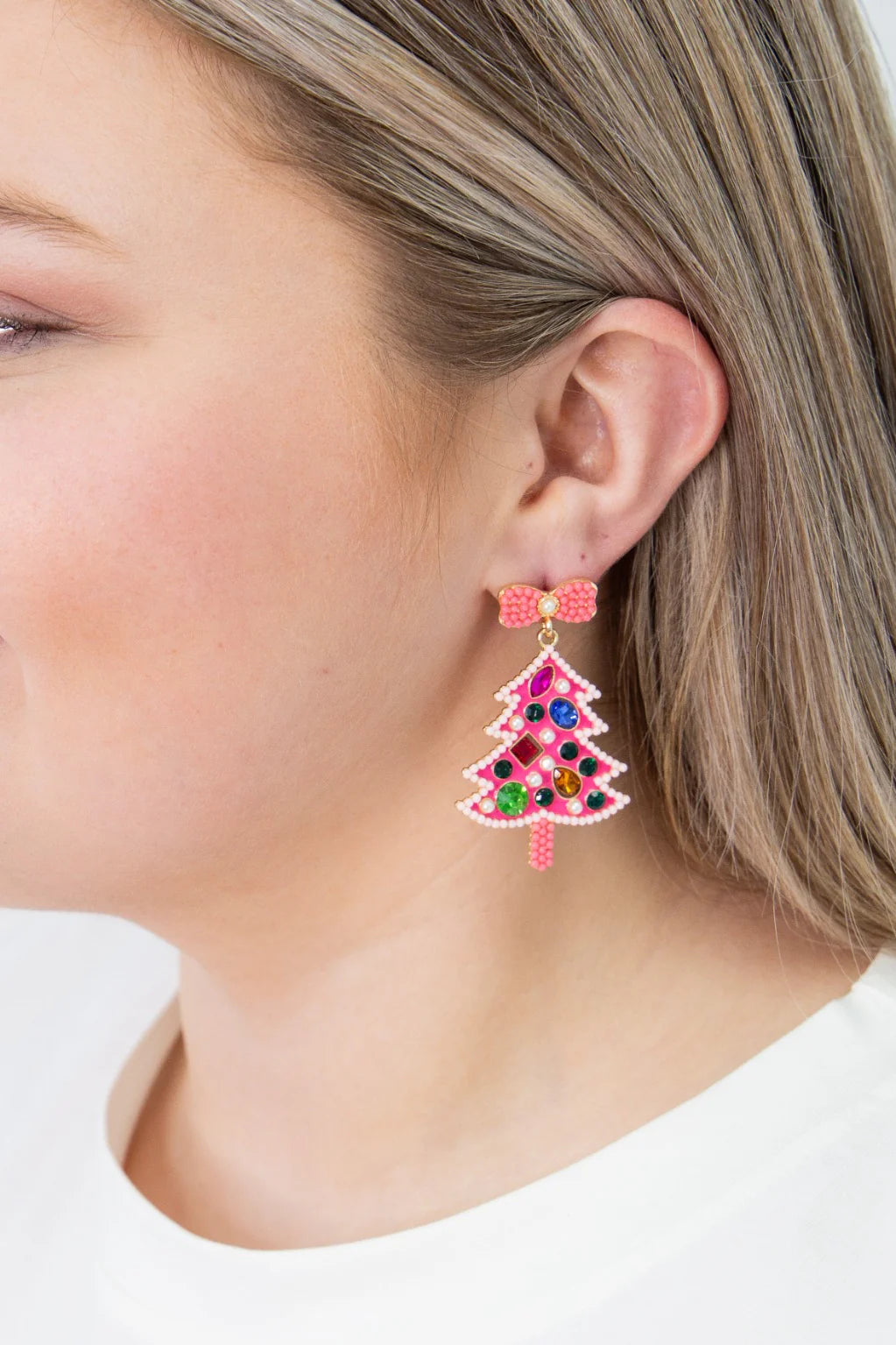 Christmas Tree Earrings, Pink