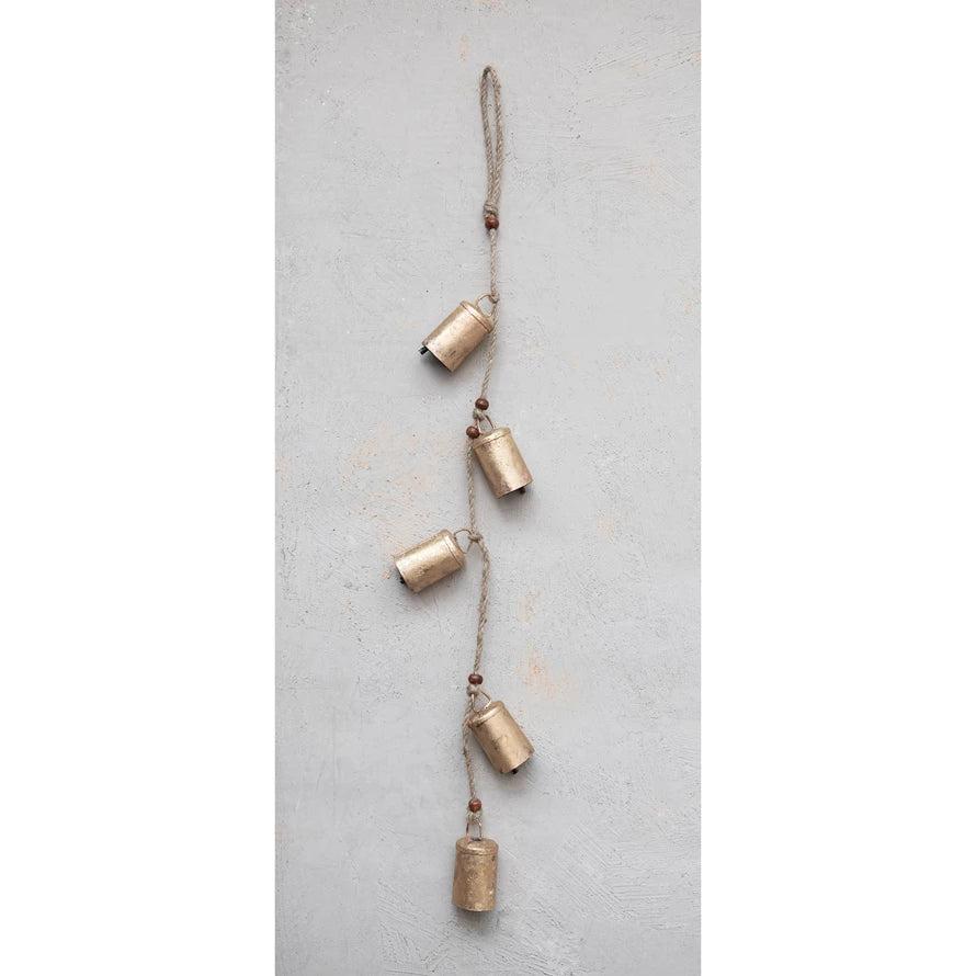 28"H Hanging Metal Bells with Wood Beads and Jute Rope, Antique Brass Finish