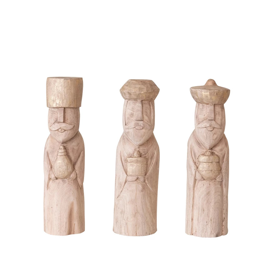 Hand-Carved Mango Wood Wise Men, Natural & Rubbed Gold Finish, Set of 3