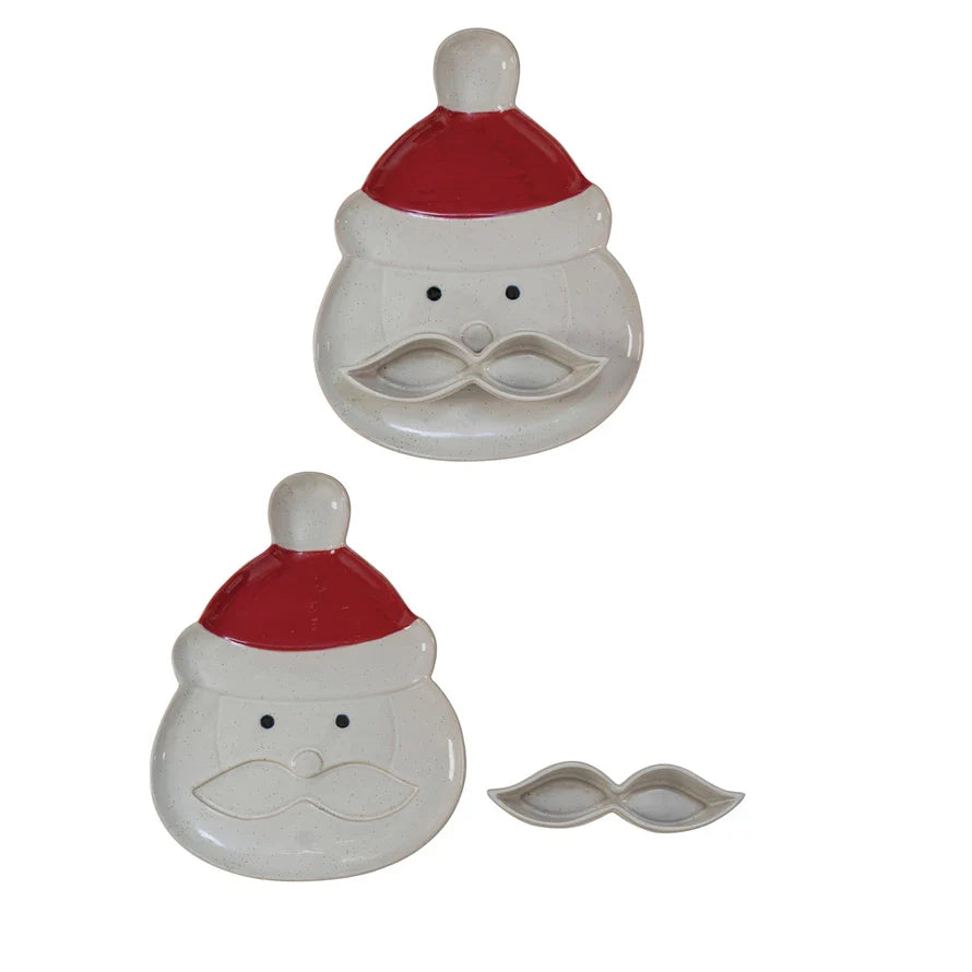Stoneware Santa Head Shaped Platter w/ Mustache Dish, Set of 2