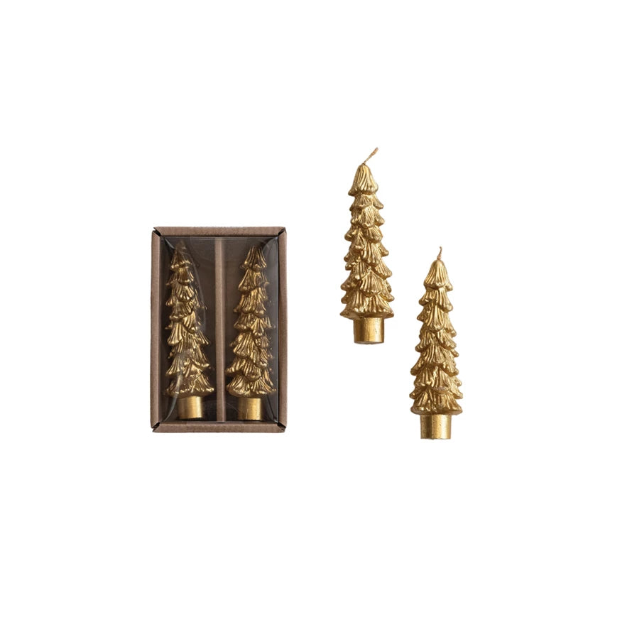 Short Unscented Tree Shaped Taper Candles Gold in Box, Set of 2