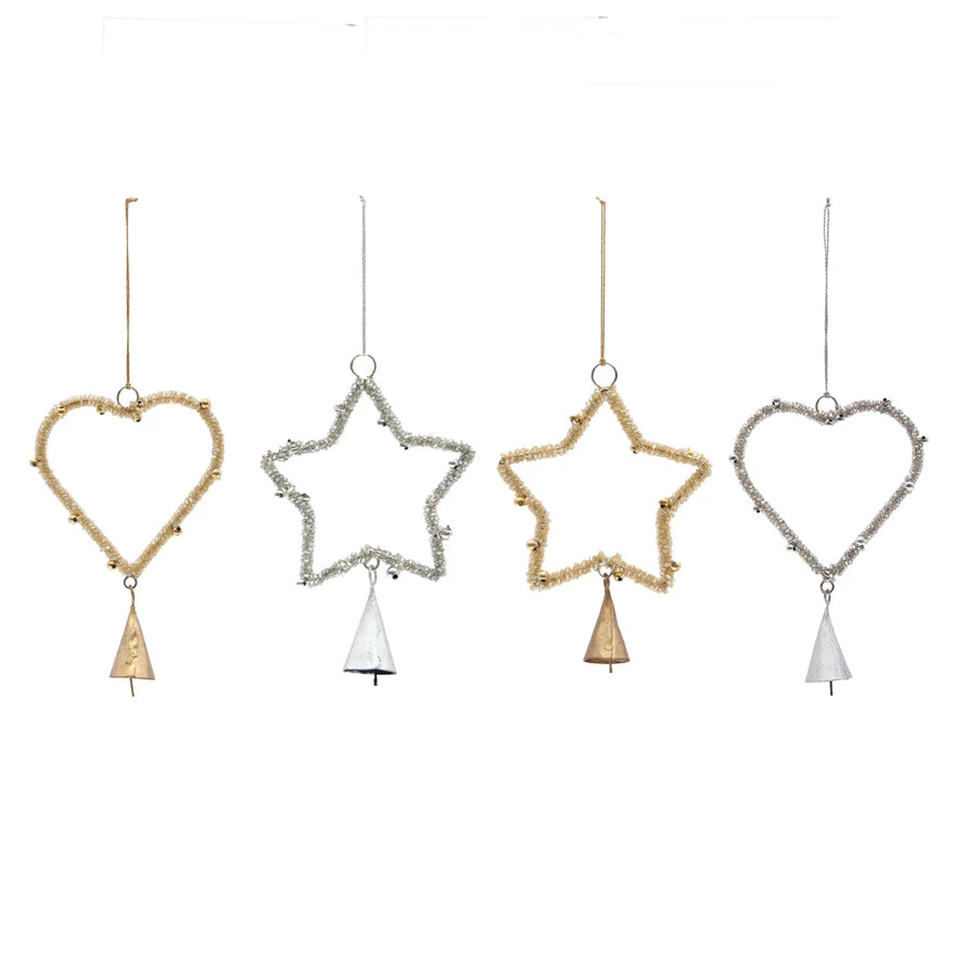Glass Beaded Metal Star/Heart Ornament with Bell, 2 Styles