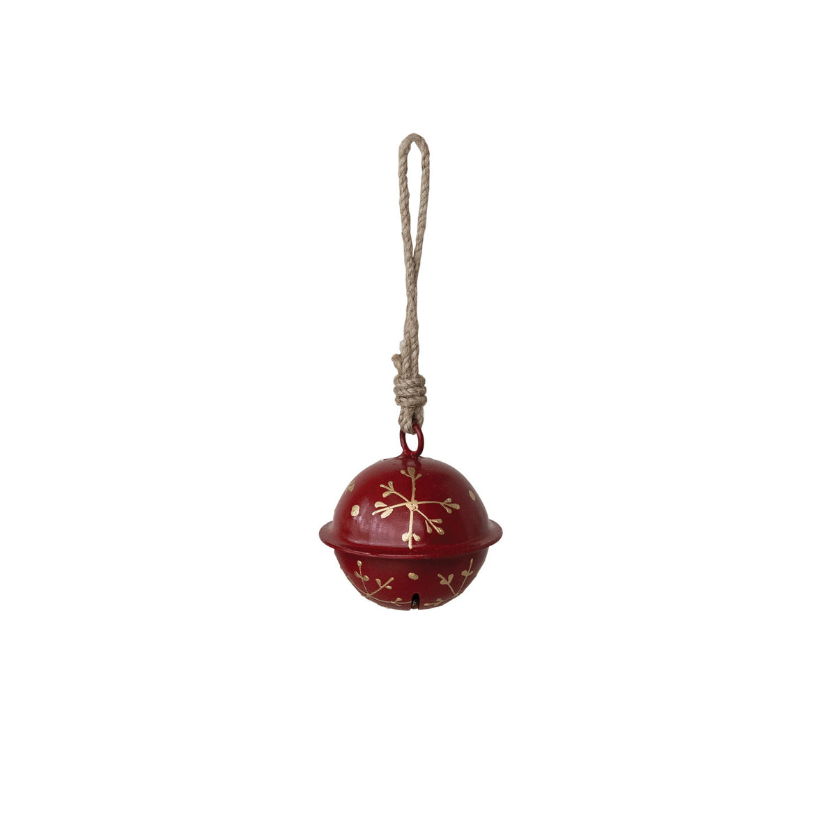 Hand-Painted Metal Jingle Bell Ornament with Snowflakes & Jute Hanger