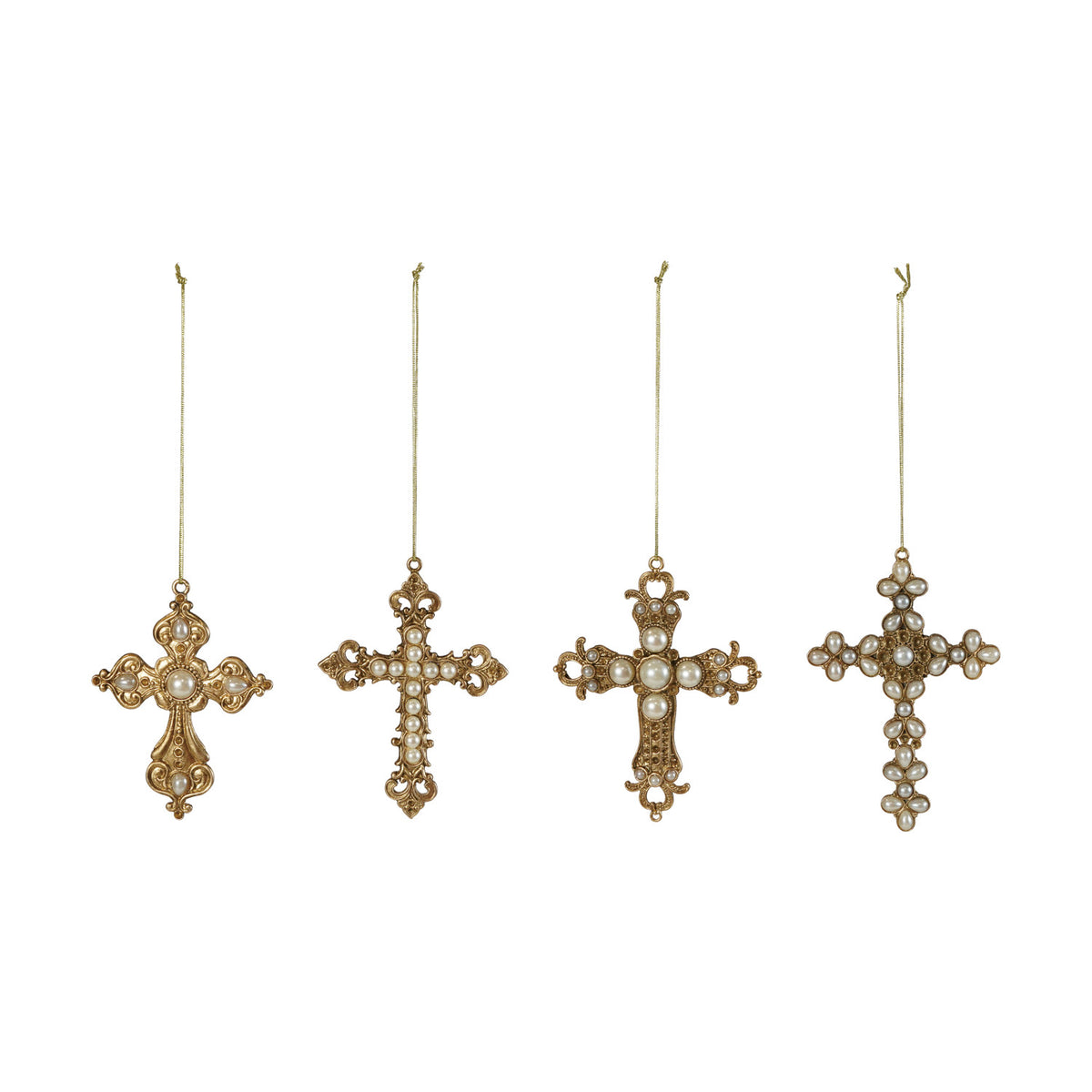 Cross Ornament w Pearls & Gold Finish
